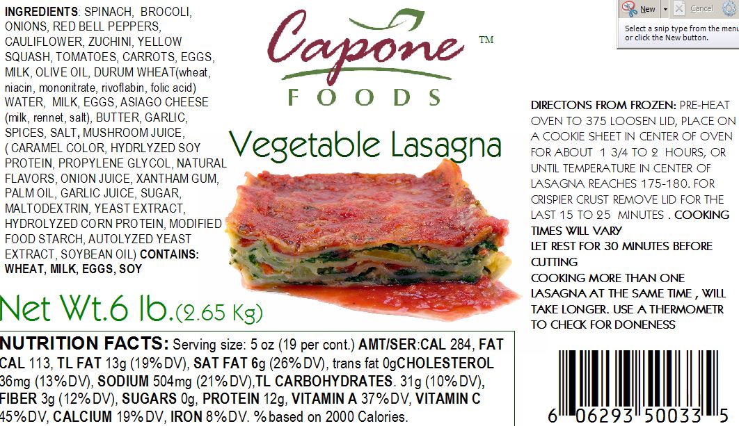Lasagna - Vegetable, 6 lbs * STORE PICK UP ONLY